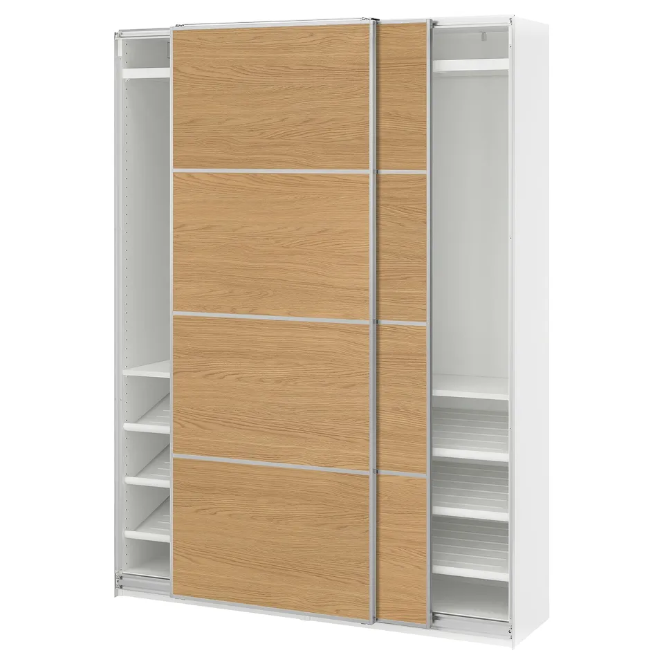 PAX / MEHAMN Wardrobe with sliding doors, white aluminium/double sided oak effect, 150x43x201 cm