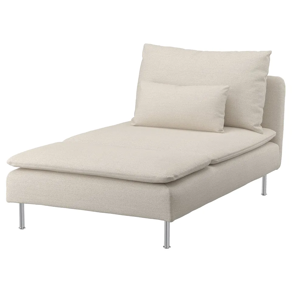 SÖDERHAMN: modern cream chaise, slim chrome legs, soft cushions, perfect for lounging.