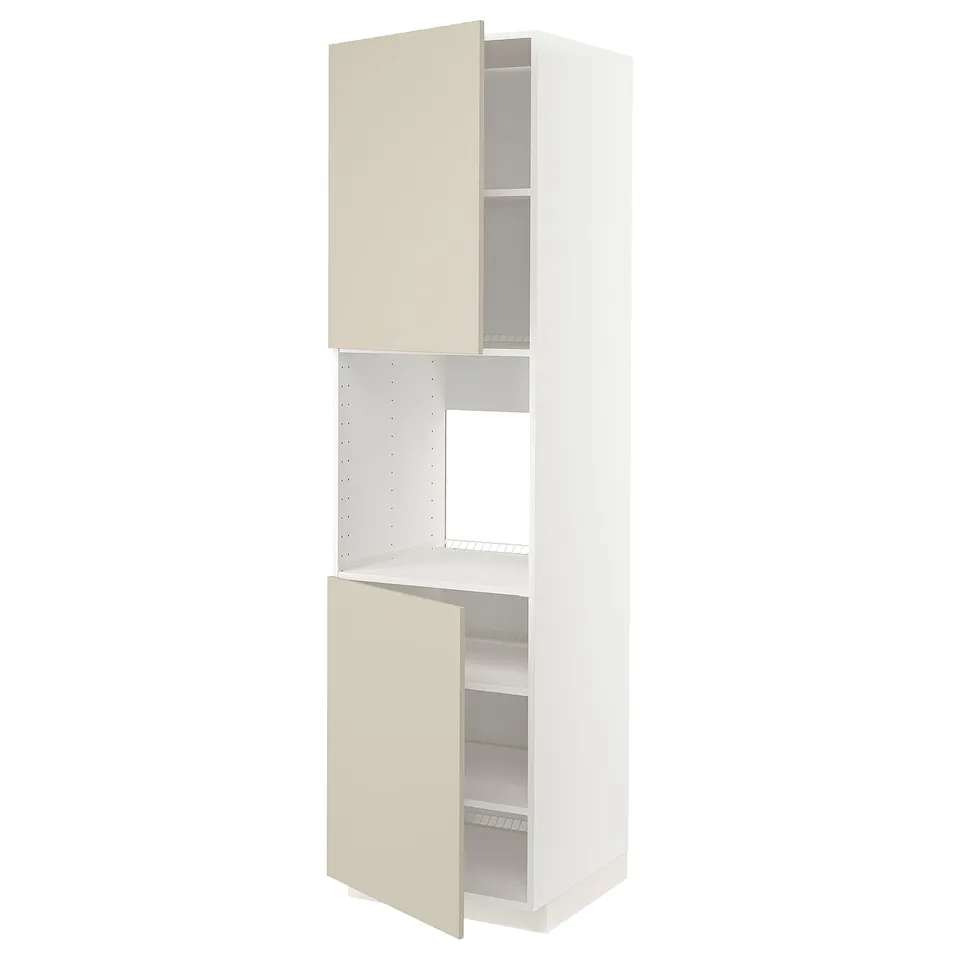 A white METOD tall kitchen cabinet with beige doors and adjustable shelves.