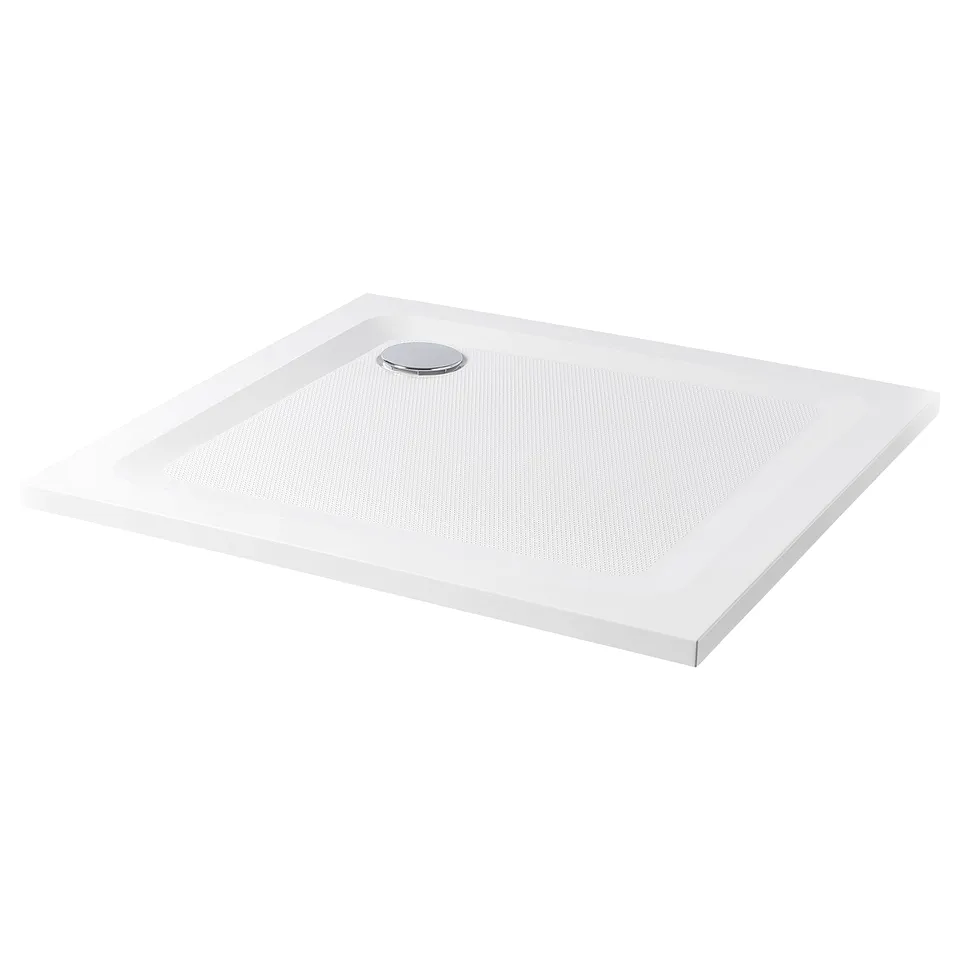 A white FOTINGEN shower tray with a smooth, anti-slip surface and a drain in the centre.