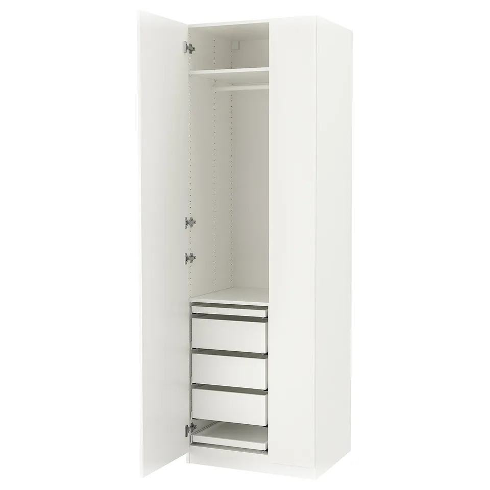 White ikea PAX wardrobe with drawers and shelves.