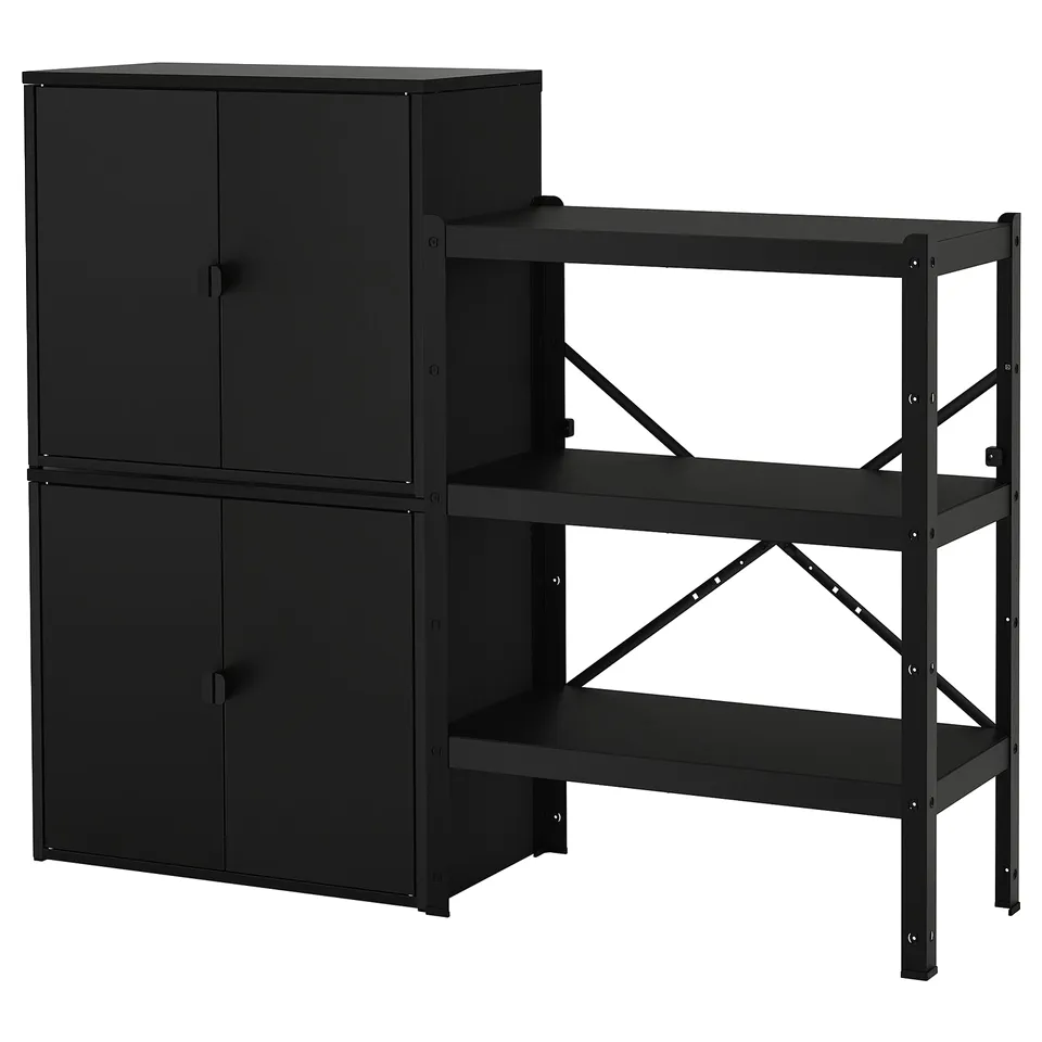 Black metal storage system, featuring cabinets and shelves. Robust, durable, and versatile design. Suitable for heavy loads and moisture-resistant.