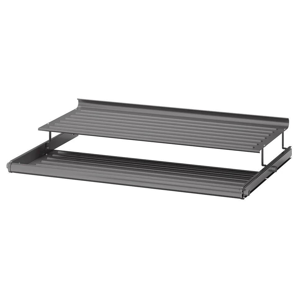 KOMPLEMENT metal shoe shelf, grey, 2-tier, angled design, easy access.
