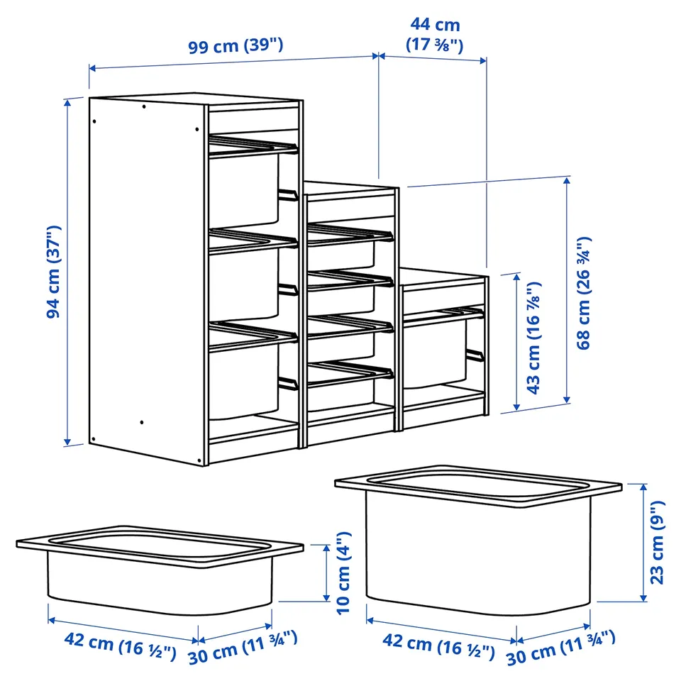 Illustration with measurements for the product: TROFAST.