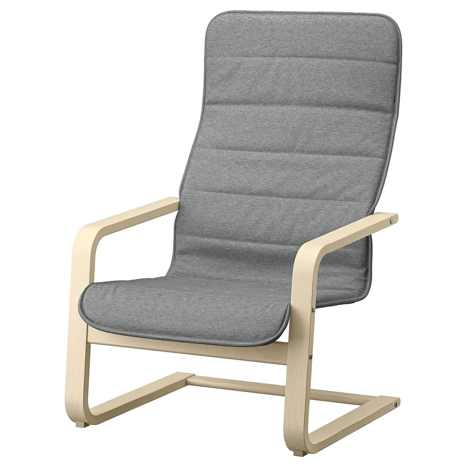 ÅRSUNDA grey armchair: modern, curved light wood frame, supportive grey fabric back & seat.