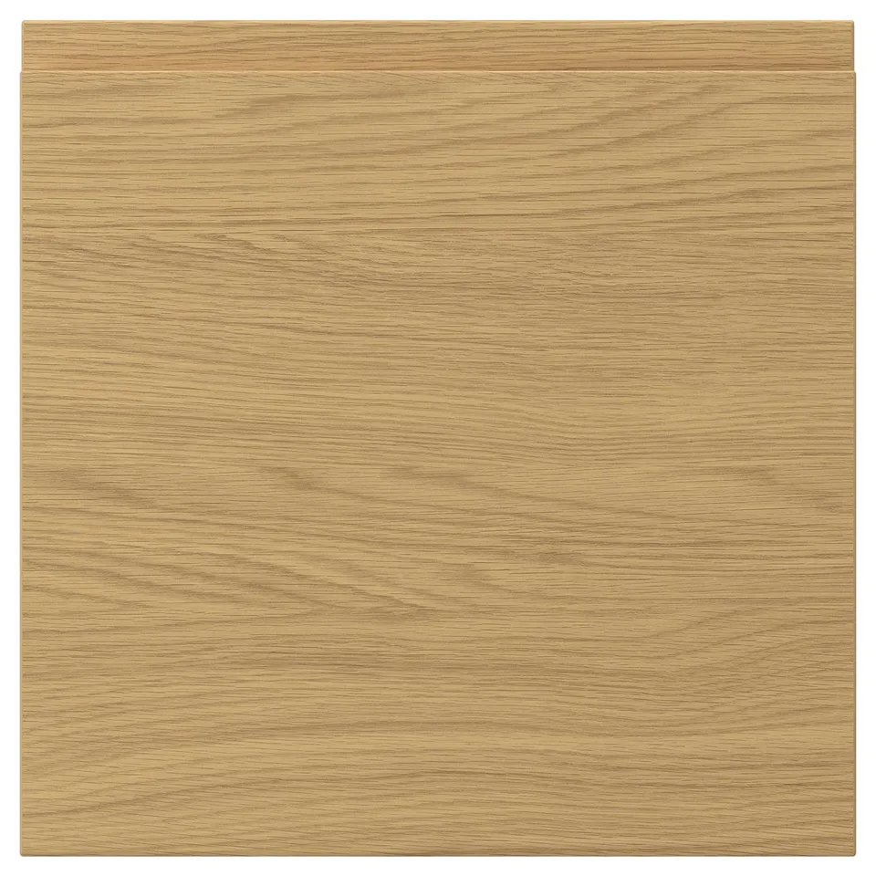 VOXTORP oak-patterned cabinet door. Sleek, warm design with integrated handles. Made of particleboard and plastic edging. Square shape.