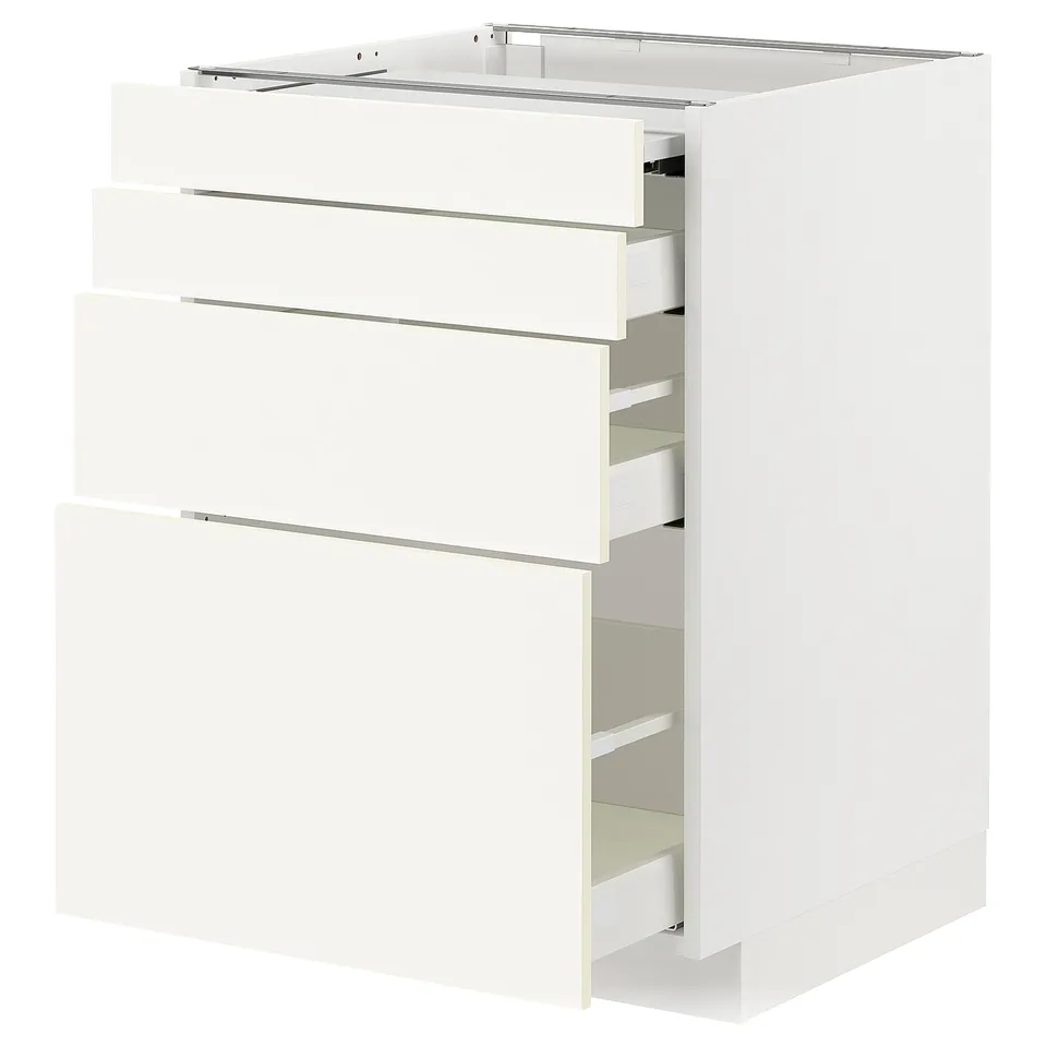 White METOD kitchen unit with three drawers and pull-out shelf.