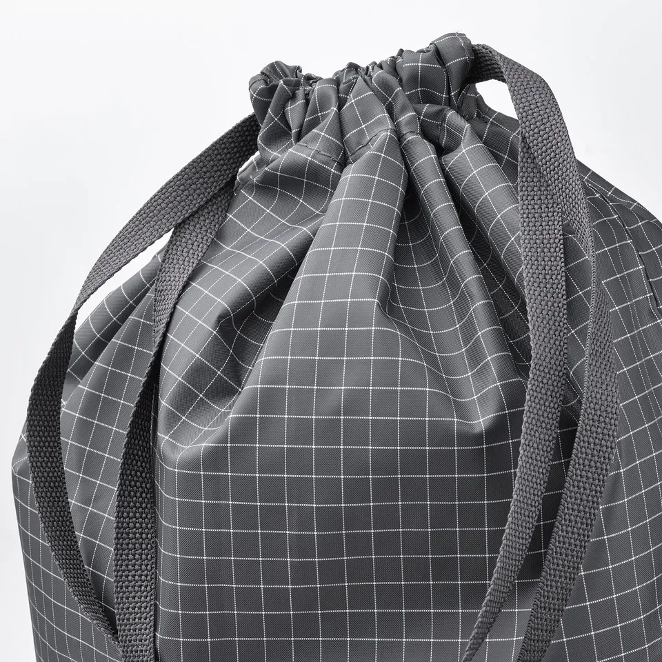 A well-constructed grey RENSARE bag with a grid pattern, drawstring closure, and sturdy handles.