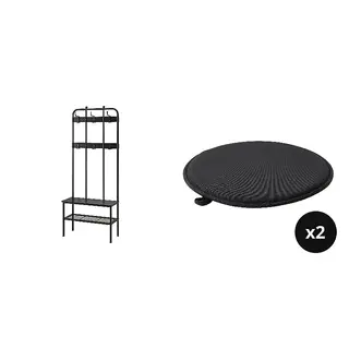 NIPÅSEN/ÄNGSFRÄKEN set: coat rack and bench w shoe storage + chair pad x2