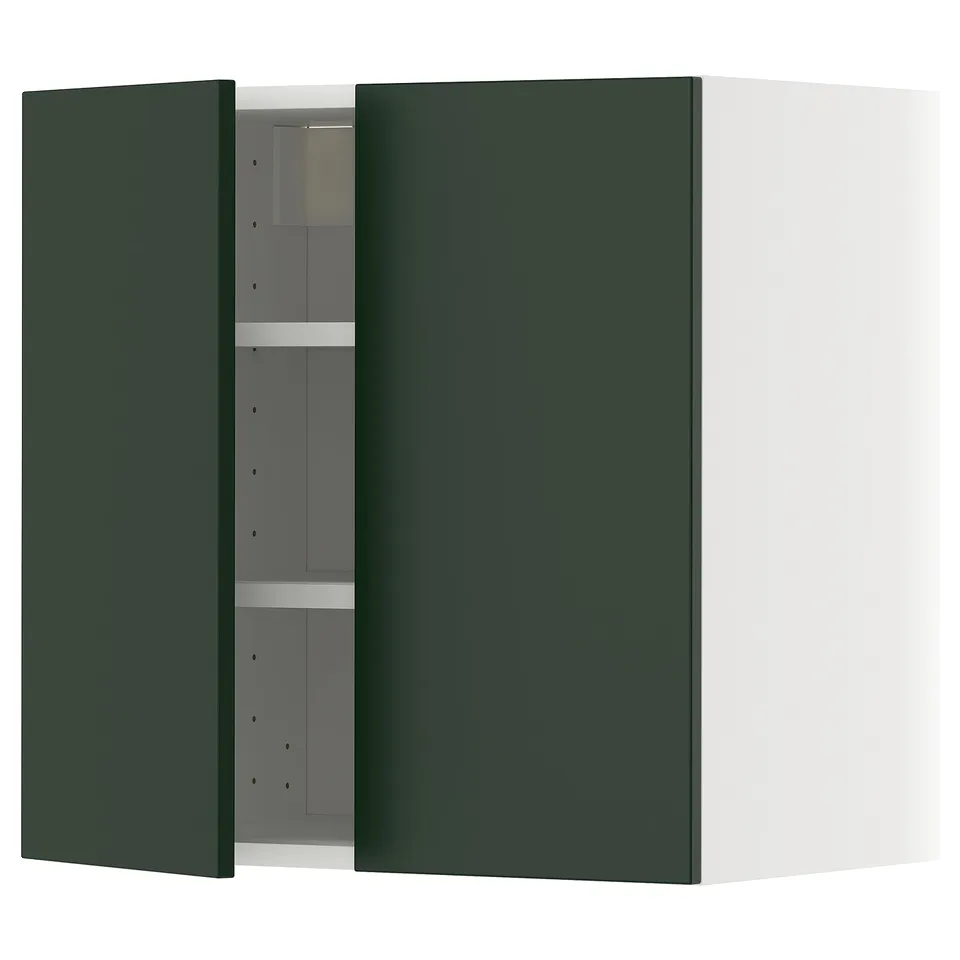 Green cabinet, open showing shelves. Modern minimalist design, metallic hinges.