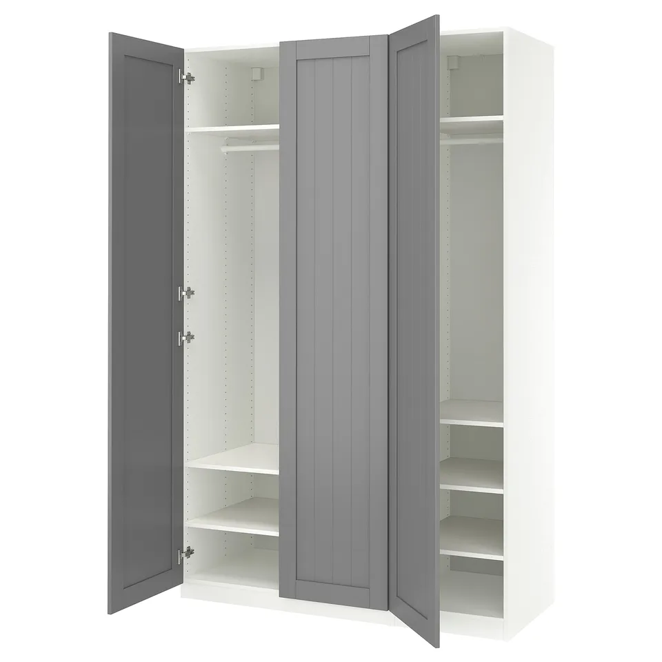 A white and grey PAX wardrobe with three open sections: two with shelves and one with a hanging rod.
