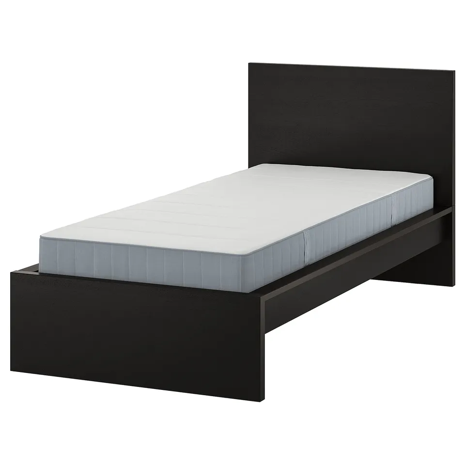 Black MALM bed with white mattress, sleek design, high headboard.