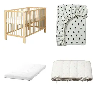 GRÖNFINK/GULLIVER/KRUMMELUR/LENAST set: cot + fitted sheet for cot + foam mattress for cot + bumper pad