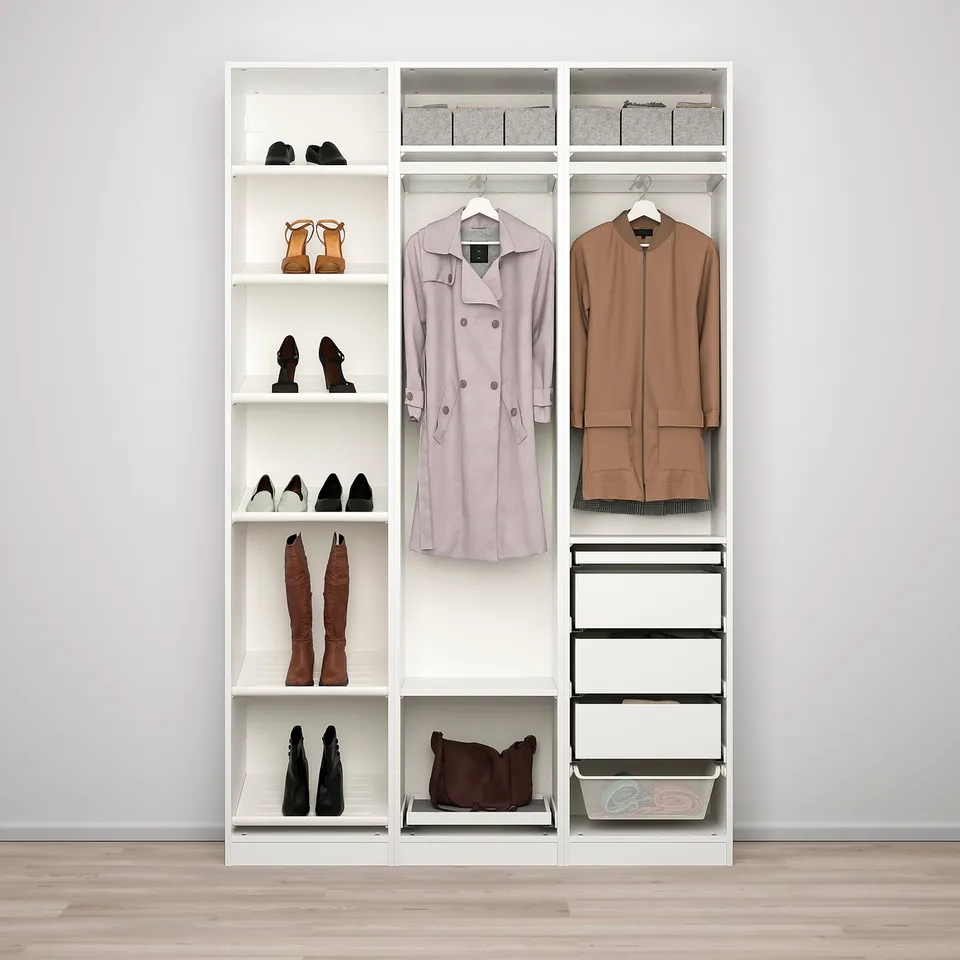 Organised closet with shelves, hangers, and drawers displaying shoes and clothes.