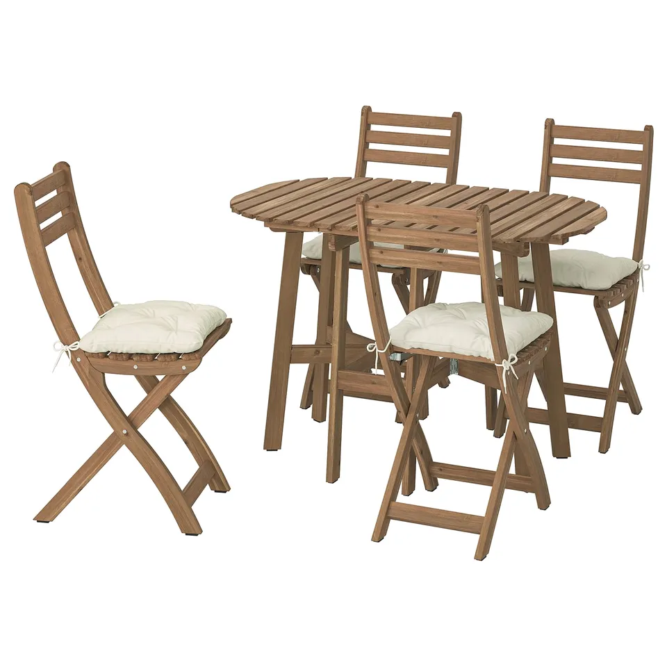 ASKHOLMEN outdoor furniture set in brown with beige cushions on chairs. It includes a round table and four folding chairs.
