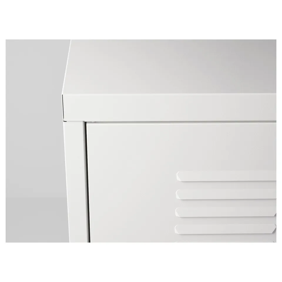 White metal cabinet with sleek design; lockable doors, tall legs, and cord outlet.
