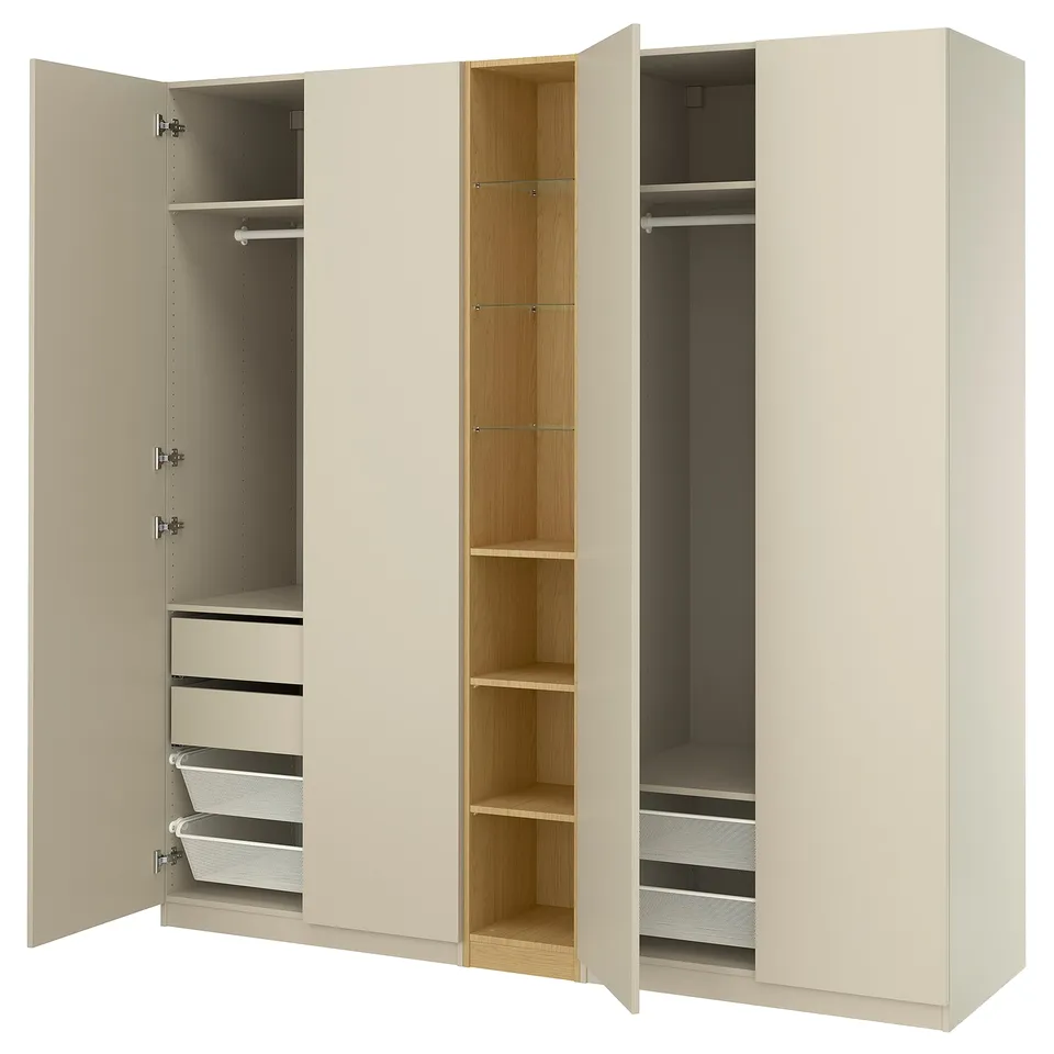 PAX / FORSAND Wardrobe combination, grey-beige grey-beige/oak effect, 235x60x201 cm