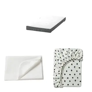 DRÖMMANDE/GRÖNFINK/LEN set: pocket spring mattress for cot + mattress protector + fitted sheet for cot