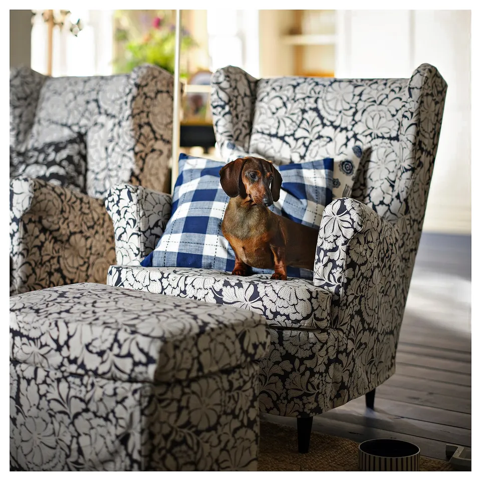 STRANDMON Slipcover for wing chair, Ribersborg dark grey/beige