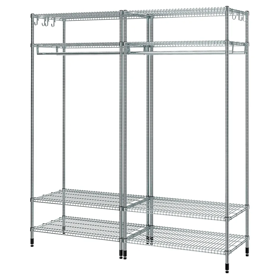 OMAR metal shelving unit in silver, adjustable racks and clothes rail for versatile storage.