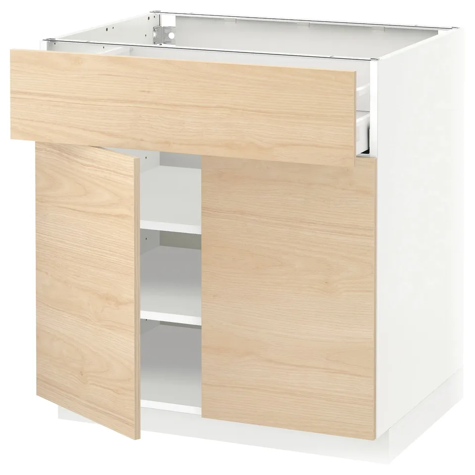 Wooden METOD kitchen cabinet with drawer and adjustable shelves.
