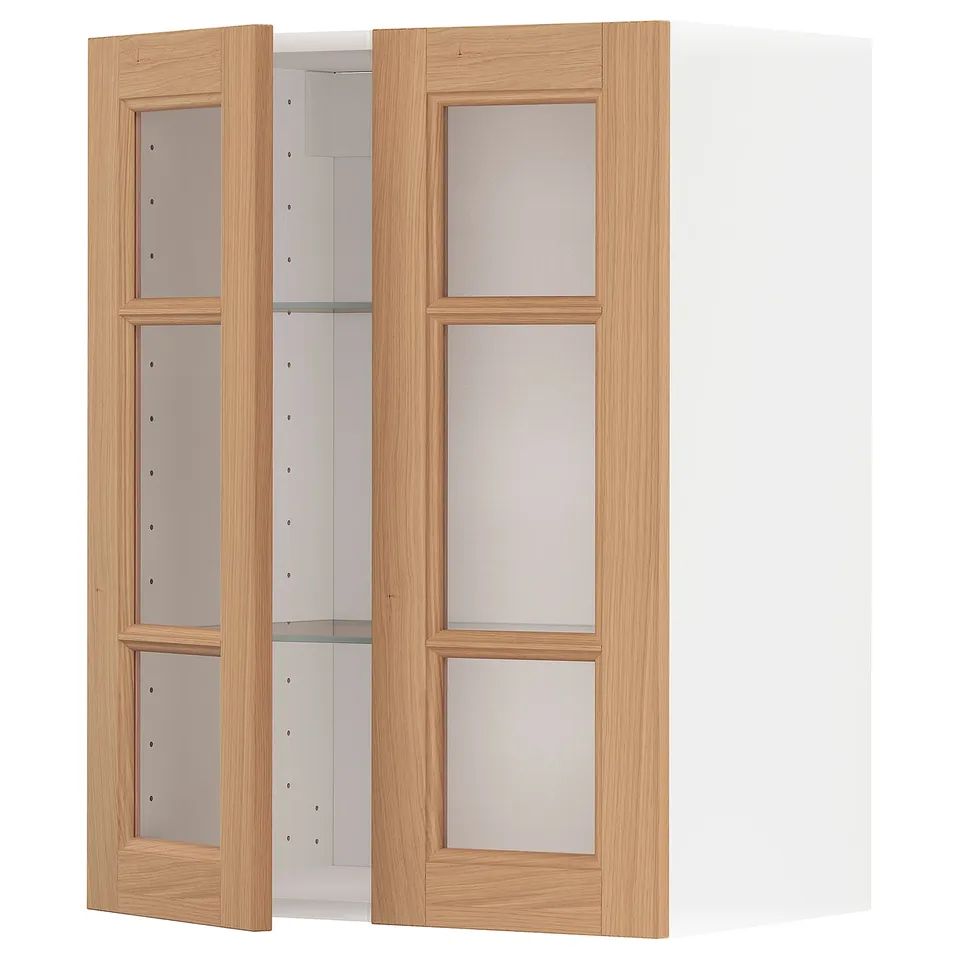 METOD wall cabinet with light wood doors and glass panels.