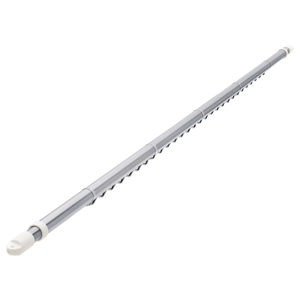 MODONG extendable silver stainless steel clothes rod with white plastic caps.