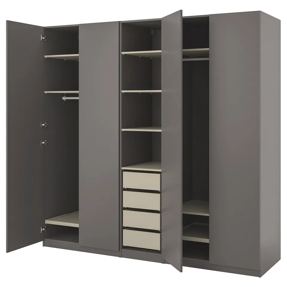 Dark grey PAX wardrobe with open doors showing shelves and drawers.
