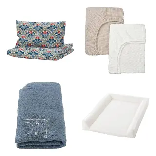 LEN/SÄTERVIDE/VÄDRA set: duvet cover 1 pillowcase for cot + fitted sheet for cot + cover for babycare mat + babycare mat