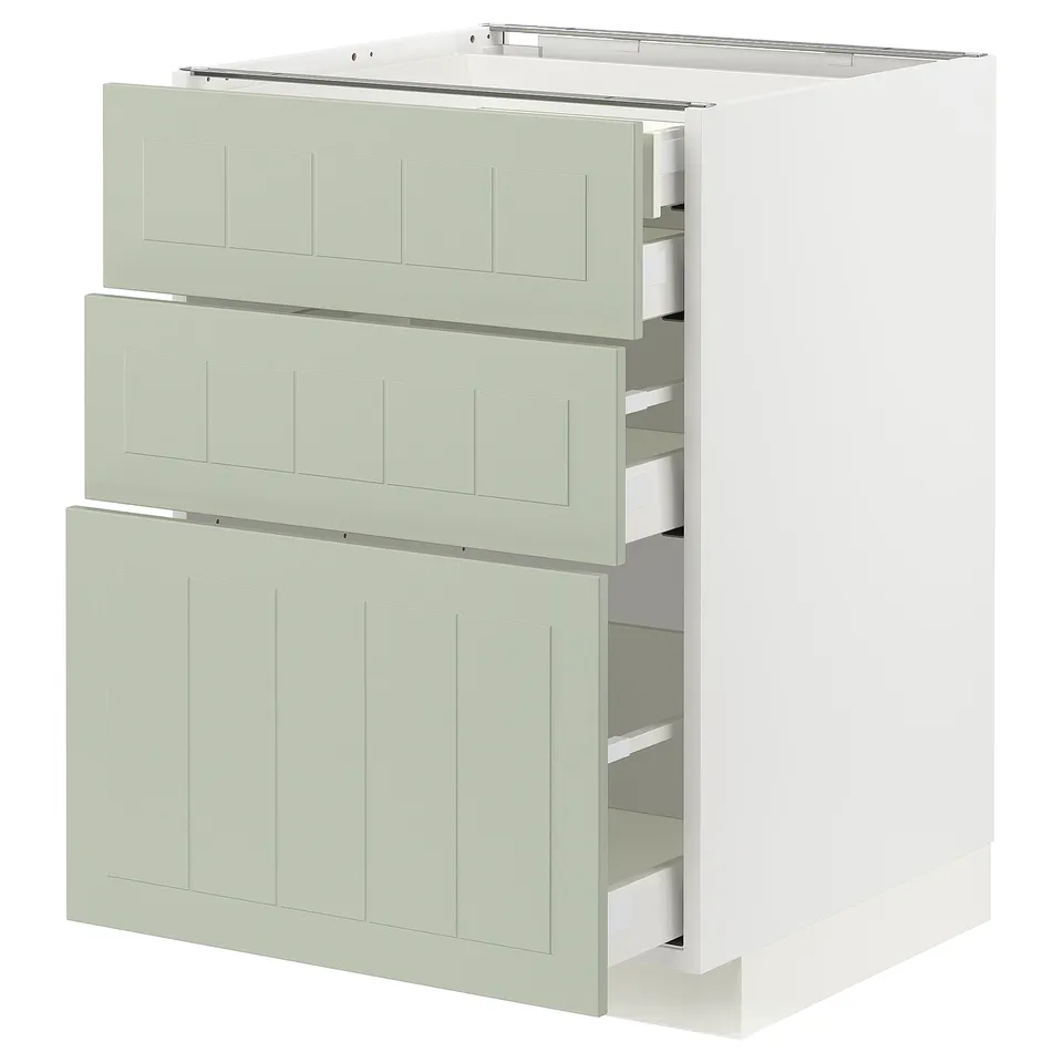 METOD green kitchen cabinet with multiple drawers, modern design.