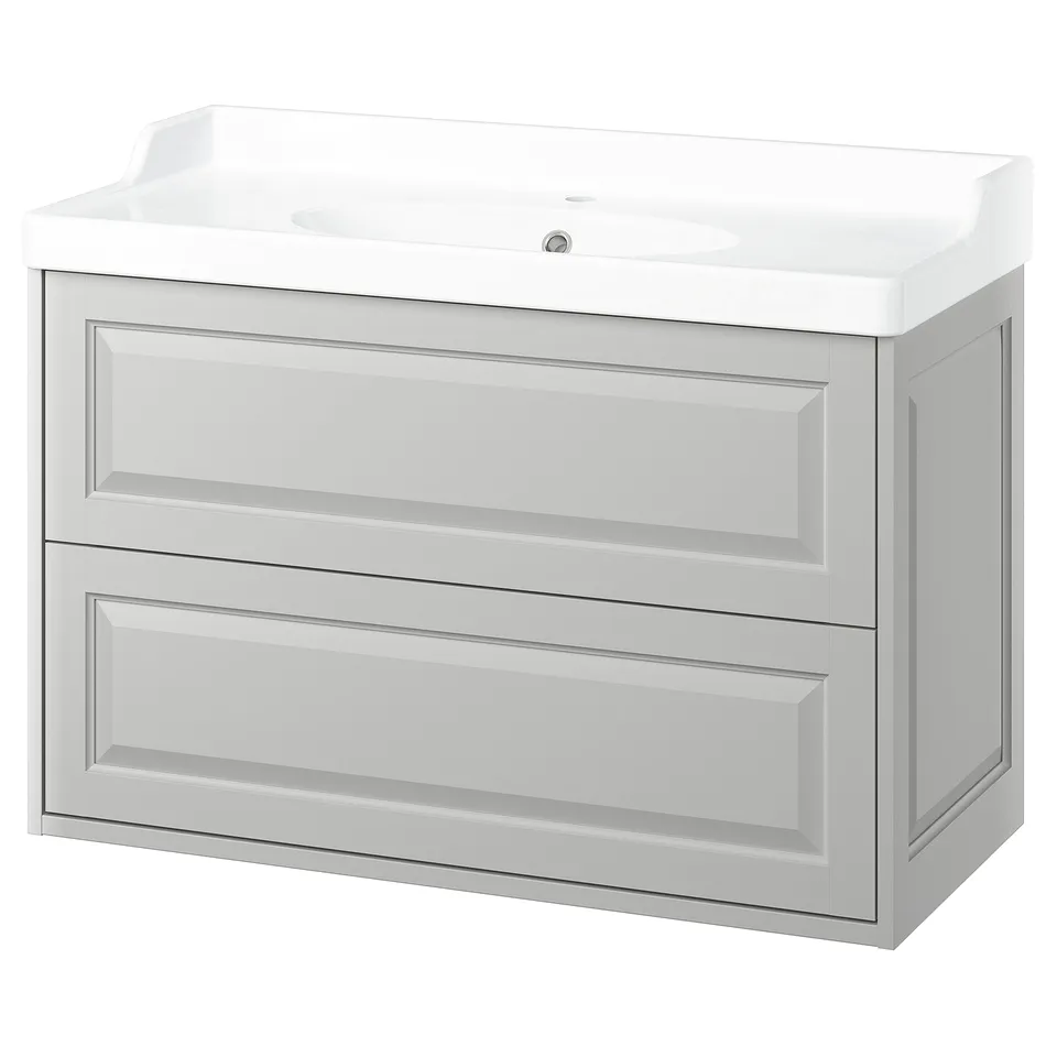White TÄNNFORSEN vanity: modern light grey cabinet, rectangular sink, ample storage.