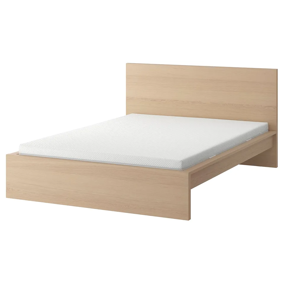 Modern light wooden bed frame, light brown, rectangular, with high headboard, clean design, minimalist style.