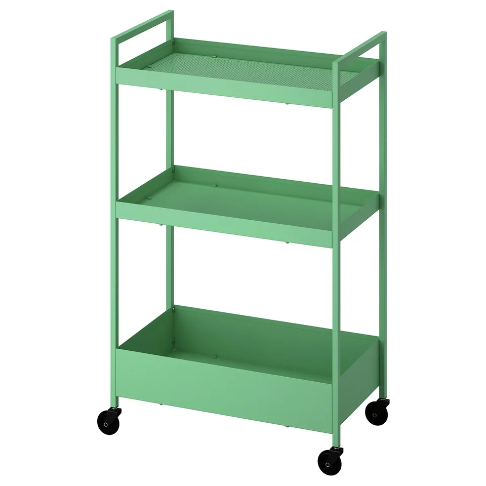 A NISSAFORS green metal storage trolley with three shelves and four wheels.