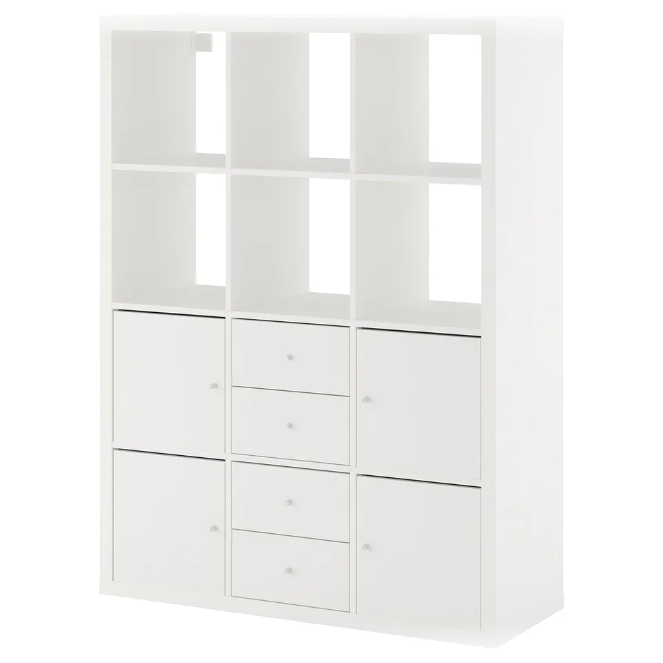 White KALLAX shelving unit with open and drawer storage. Modern, modular cube design.