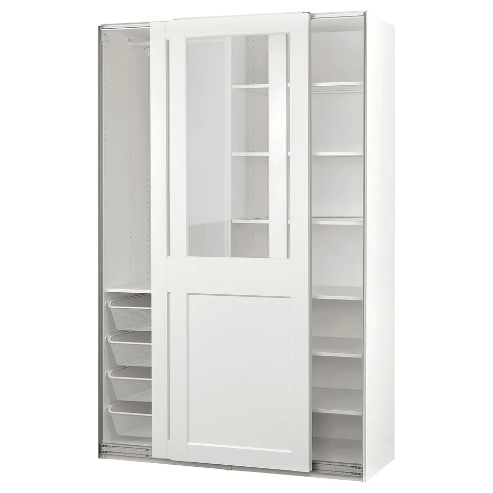 PAX white wardrobe with glass doors, metal mesh basket, soft-close slides, great for organising and displaying clothes.