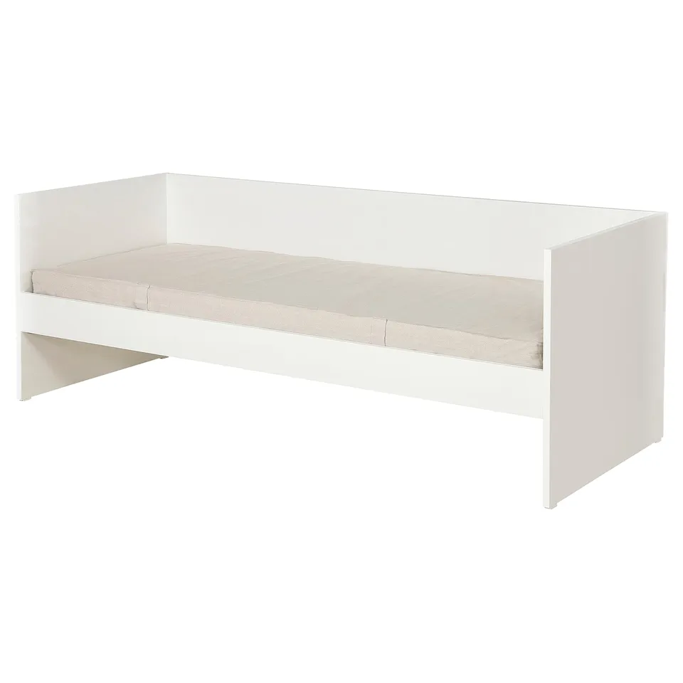 A white VIHALS daybed with a foam mattress, designed for small spaces.