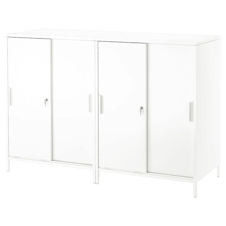 White TROTTEN double-sided metal cabinet with sliding doors for storage and privacy.