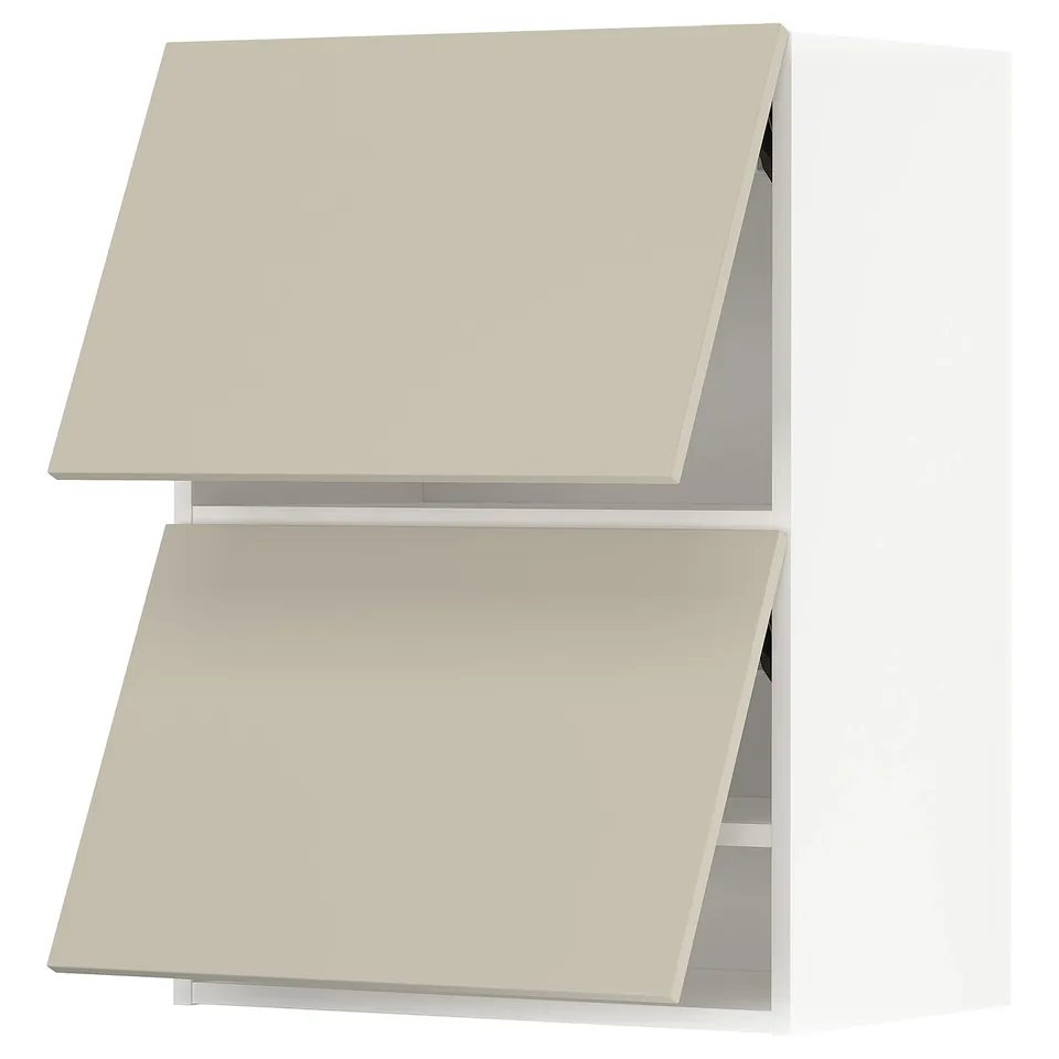 Beige METOD kitchen cabinets, simple and harmonious, two square units with slanted tops.