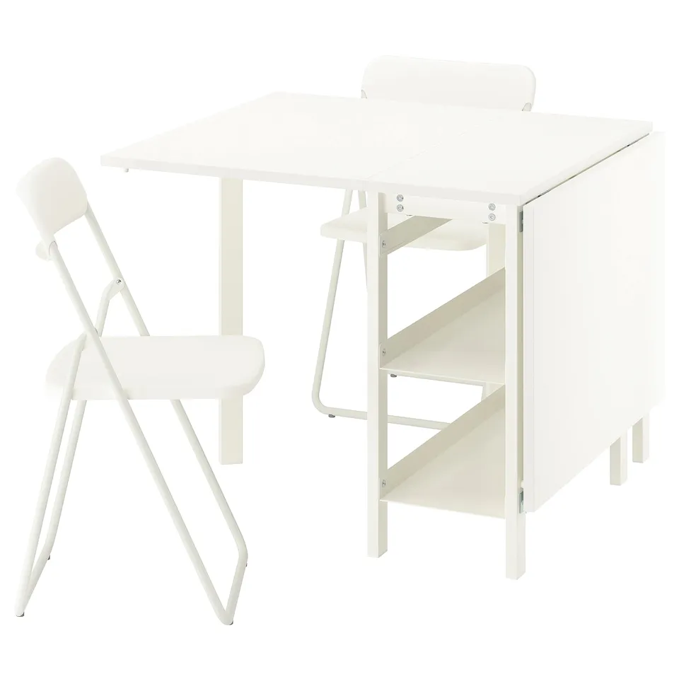Foldable VIHALS dining table with 2 leaves & storage. Lightweight metal chairs with plastic seats.