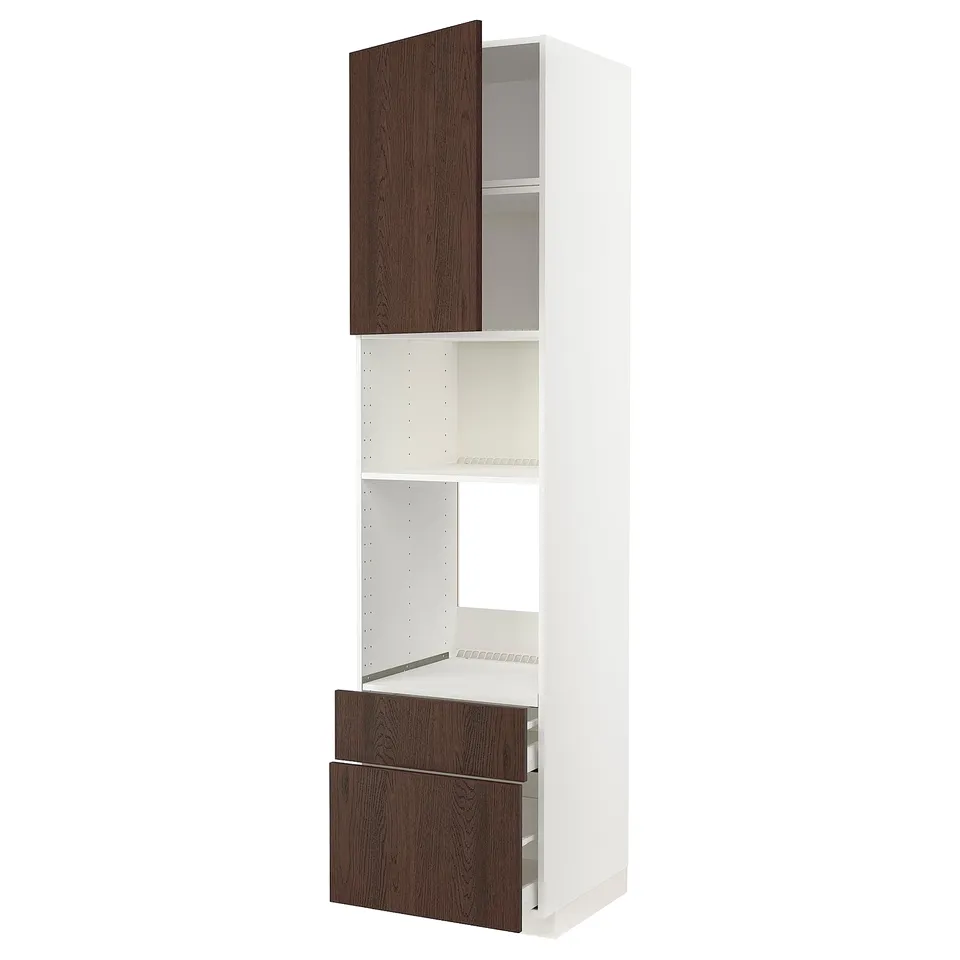 A white METOD kitchen cabinet with brown oak drawers and door. It has an adjustable shelf and is tall with a sleek design.