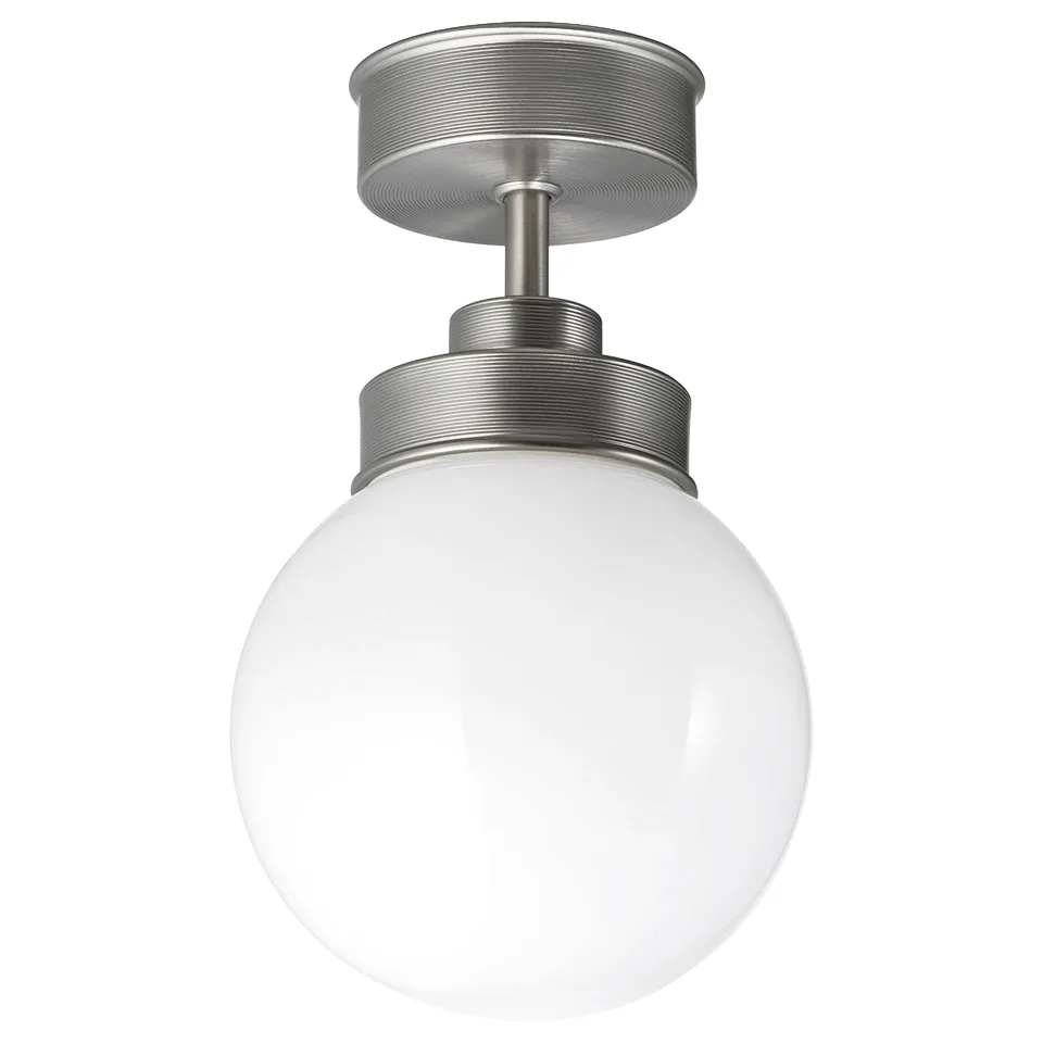 FRIHULT silver ceiling light with round white glass globe.