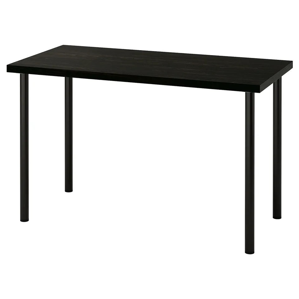 LAGKAPTEN: modern black desk with rectangular top and slender metal legs, sturdy and eco-friendly design.