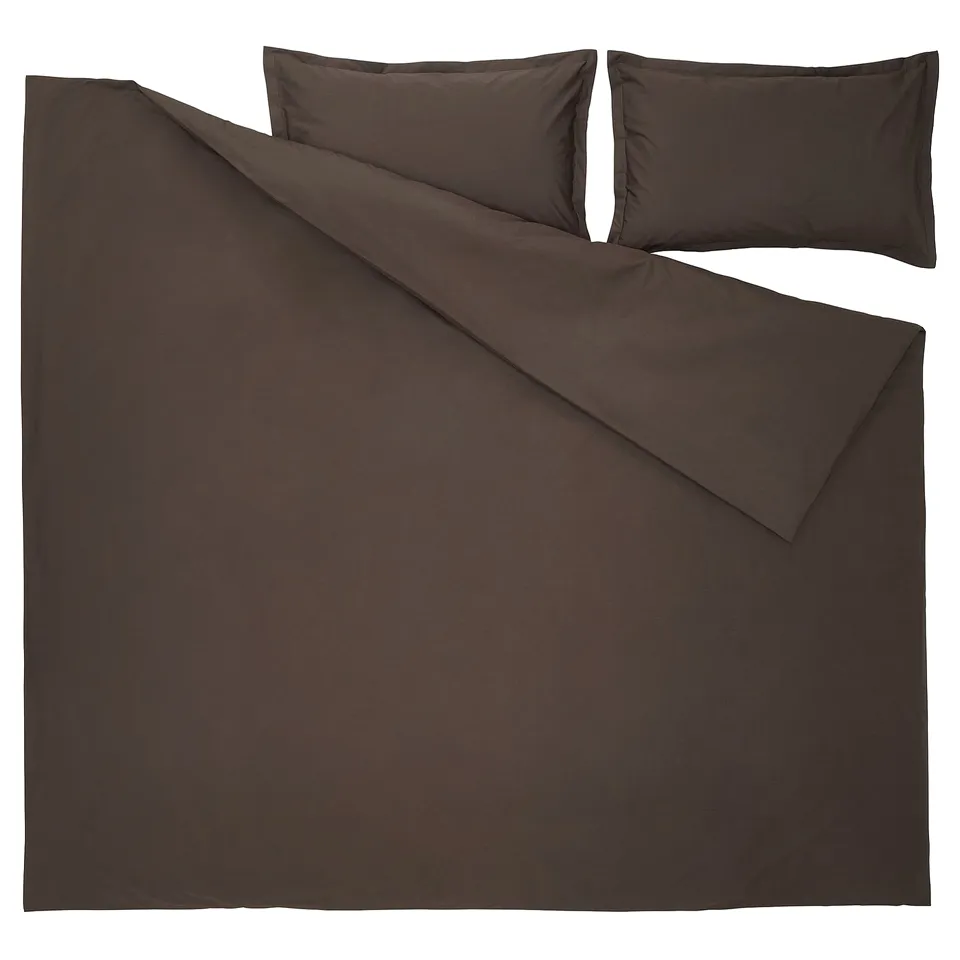 Dark brown bedding set, includes duvet and 2 pillowcases, smooth cotton material.