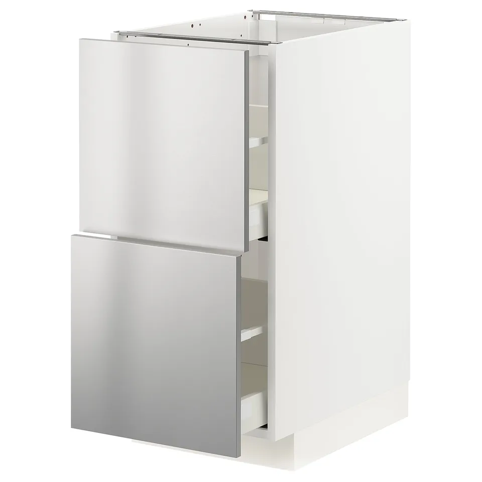 A modern white kitchen cabinet with stainless steel drawers, featuring a sleek and industrial design.