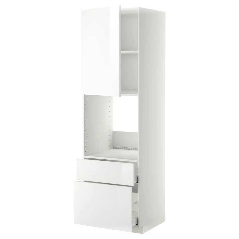 Modern white kitchen unit by IKEA. Glossy doors, drawers, and adjustable shelves. Tall, rectangular shape with a sleek, minimalist design.