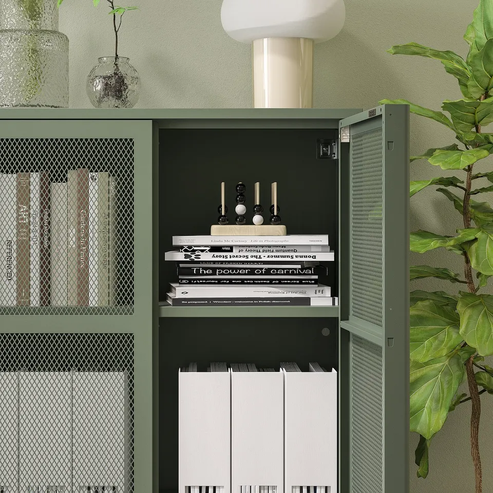 Green metal storage cabinet with mesh doors showcasing books and decor. Positioned against a wall, it includes shelves for organised storage.