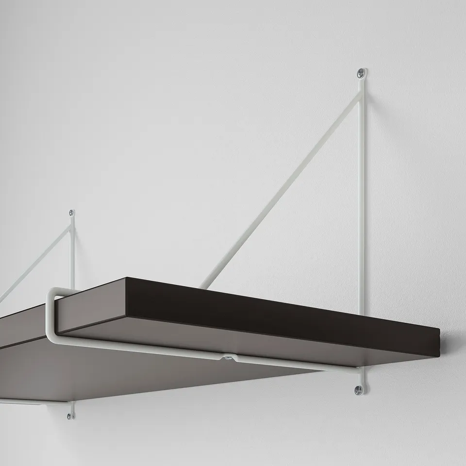 Modern wall shelf with clean lines, black finish, and white angled brackets. Mounts securely to the wall.