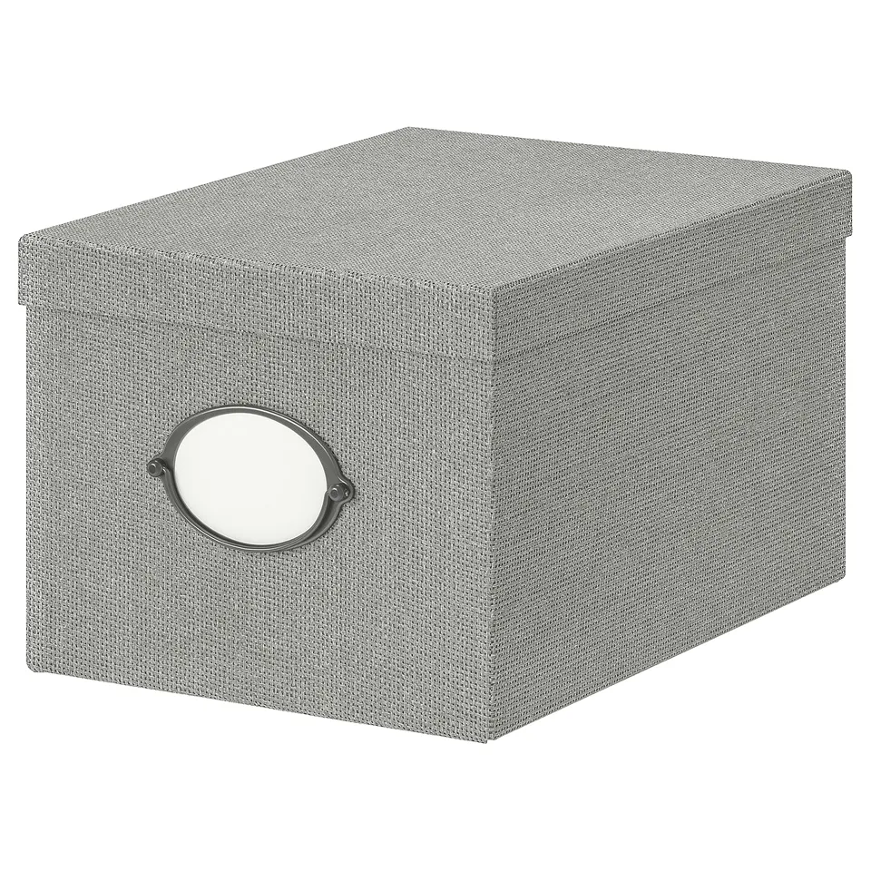 KVARNVIK grey fabric box, rectangular with round handle, fits hemnes storage.