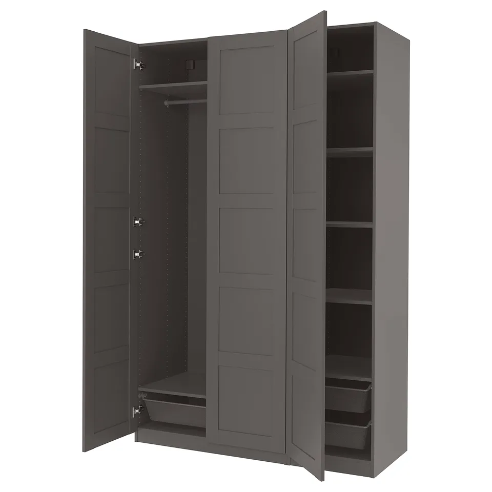 Open grey PAX wardrobe with mesh basket, shelves, and hanging space.