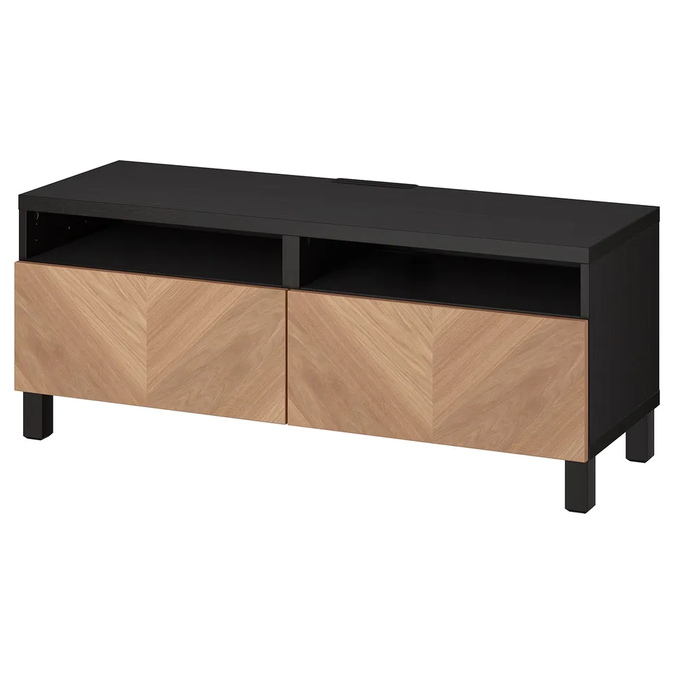 Black and light wood tv stand with 2 drawers and open shelf, modern design.